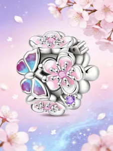 Cherry Blossom & Butterfly Charm, Enamel & Crystal Bead, Floral Jewelry for Pandora Bracelet, Elegant Accessory