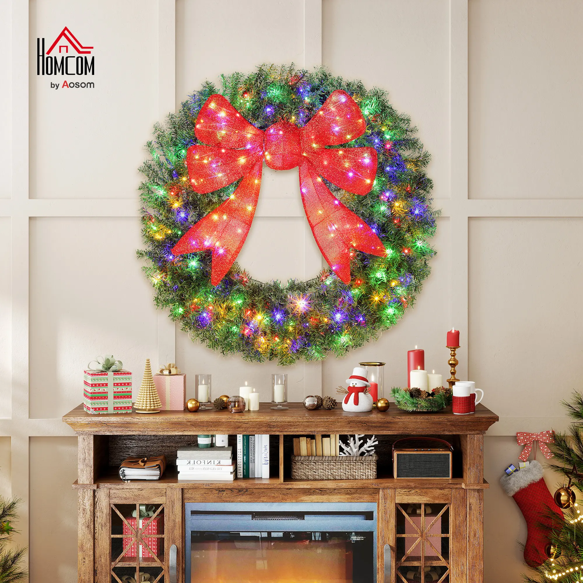 HOMCOM Flocked Pre-Lit LED Festive Decoration Metal Artificial Christmas Wreath, 36-60in, Waterproof, 3D Red Bow, 11 Lighting Modes, Multicolor LED Ornaments, Remote-Controlled, for Indoor & Outdoor Holiday Use