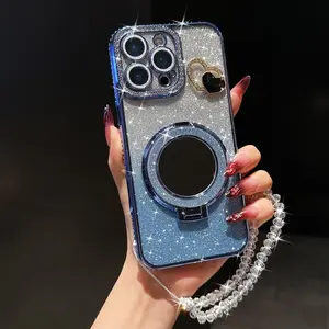Sparkling Rhinestone Mirror Stand Protective Phone Case with Beaded Bracelet, Anti-Drop Protection for iPhone 17 Pro Max 17 16 15 14 13 12 11 Accessories