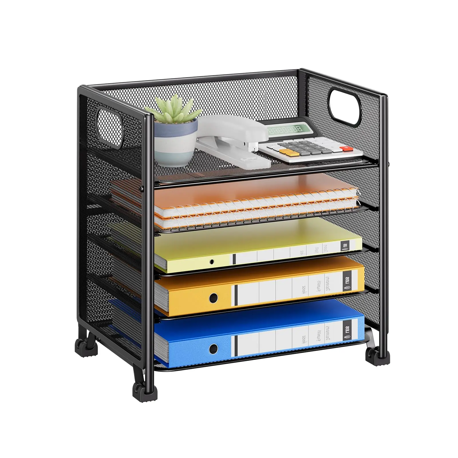 Black 5-Tier Metal Mesh Letter Tray Organizer - Large Capacity Paper Holder with Non-Slip Ft, Tool-Free Assembly for Office, Classroom, 13.25"L X 9.25"W X 13"H