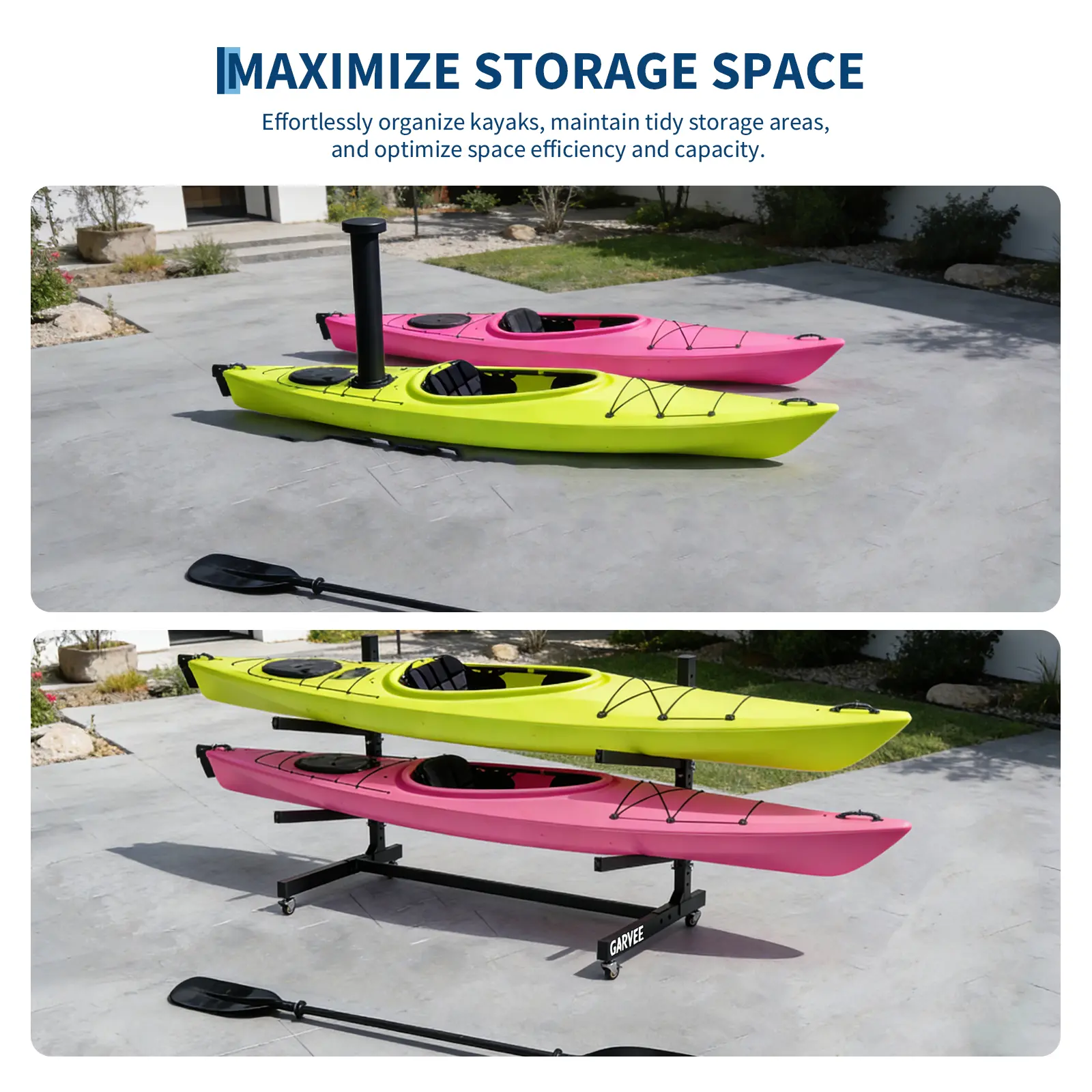 Garvee Heavy-Duty Rolling Kayak Storage Rack, Freestanding Adjustable Steel Stand - 4-Tier, Wheels, 200 lb Capacity - Fits Kayaks/Canoes/SUPs/Surfboards - Indoor/Outdoor Garage Organizer