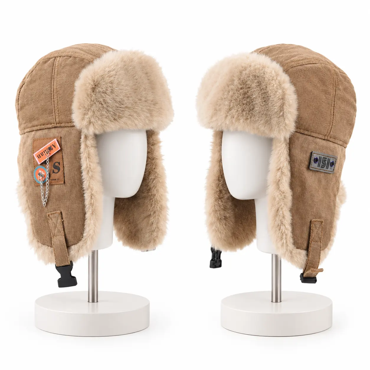 Unisex Winter Trapper Ushanka Hat, Fashionable Design Furry Cap with Faux Fur Ear Flaps, Cotton Heat Insulating Windproof Thick Plush Headwear for Skiing, Hiking (Chain Design Included)