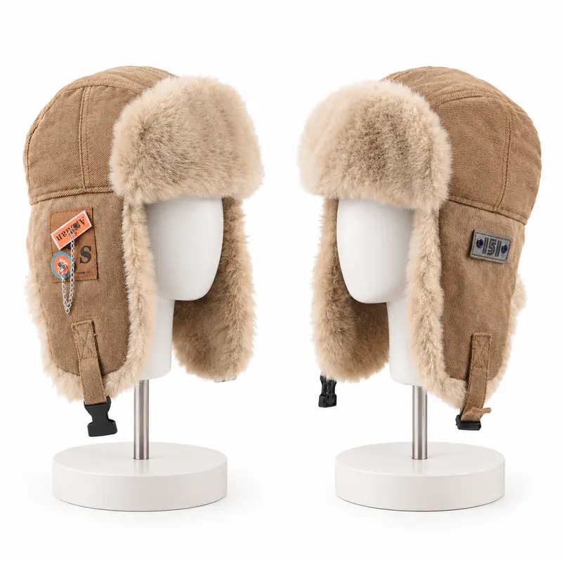 Unisex Winter Trapper Ushanka Hat - Fashionable Design, Protective Chain-Cotton Style, Casual Commute Faux Fur Ear Flap Cap, Windproof Cotton Insulating Thick Plush Headwear for Skiing, Hiking