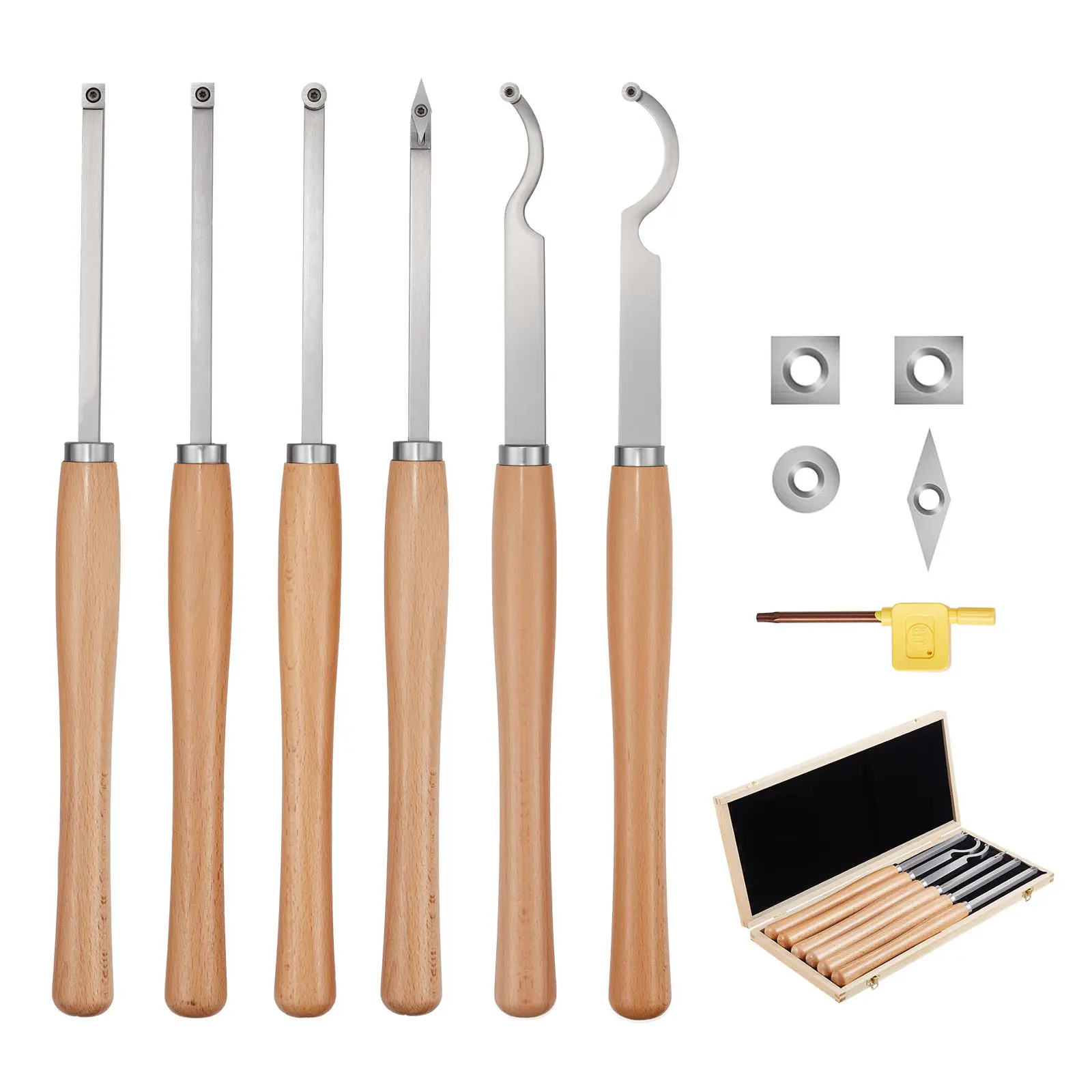 【Summerfinds】VEVOR Wood Lathe Turning Tool Set,6PCSLathe RoughingFinishingDetailing Hollow Tool with Wooden HandleDiamond Round Square Carbide InsertsWooden Boxfor BeginnersHobbyistsProfessionalsWoodworking ToolsBlade, Woodworking Tools