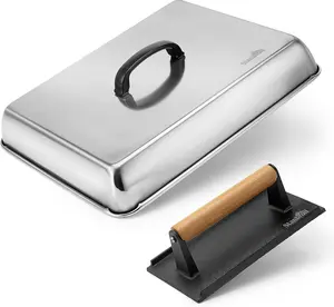 Melting Dome & Grill Press Kit- Stainless Steel Basting Cover Cheese Melting Dome with Cast Iron Burger Bacon Press for Flat Top Griddle Grill Indoor/Outdoor