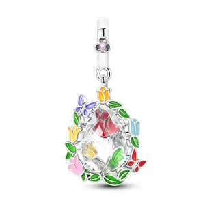 MULA Crystal Tulip Pendant, S925 Silver-plated, Colorful Enamel, Glass and Shiny CZ, Compatible with Pandora Bracelets and Necklaces, Perfect Gift for Women and Girls on Romantic Occasions