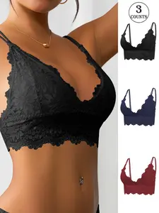 Women's Solid Color Lace Bra, Breathable Comfortable Wireless Push Up Bra, Softness Casual Lingerie for All Seasons, Scallop Trim Bra, Casual Comfy Bras