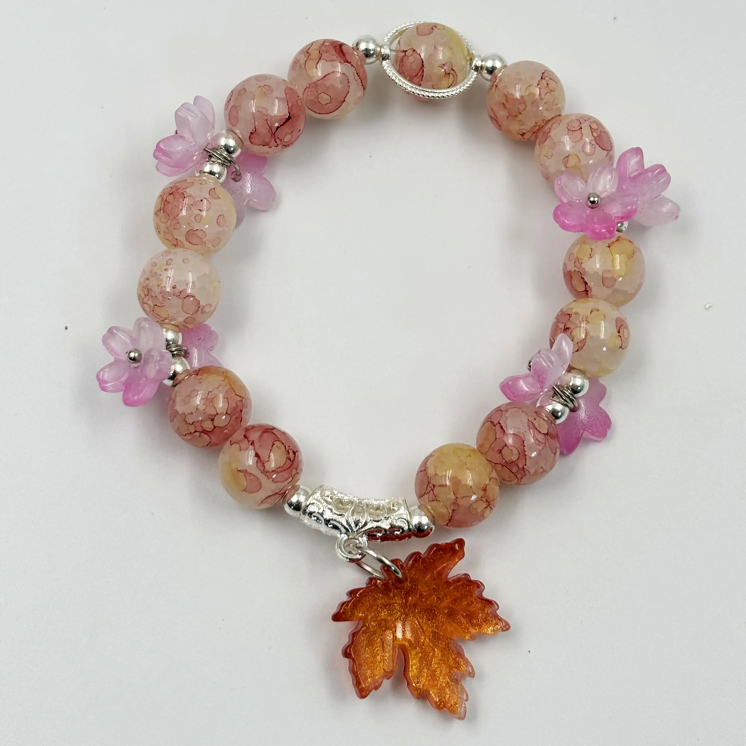 Women's Sunset Maple Leaf Elegant Jewelry Bracelet - Orange Crystal Agate, 6.3+2in Adjustable, Skin-Safe Metals, Fall Aesthetic Daily Wear Costume Jewelry Fall Matching Bracelets