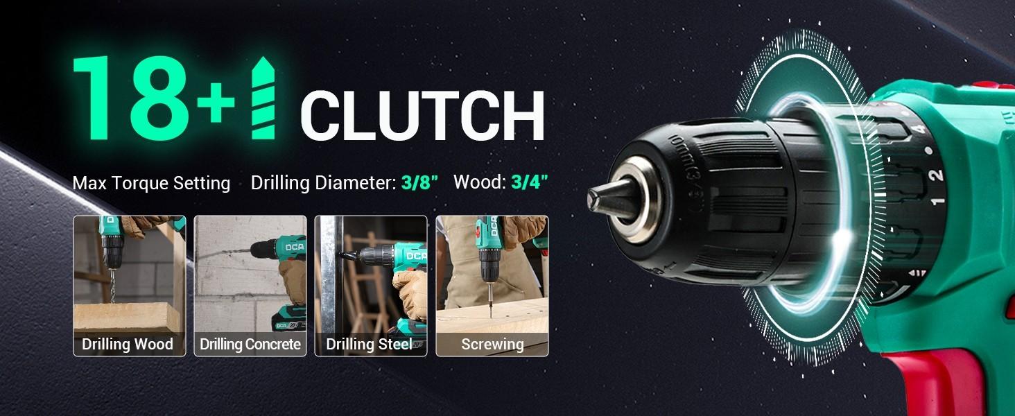 【5-year warranty】DCA 20V Cordless Drill 25-Piece Set, 28 ft・lb Torque, 3/8" Keyless Chuck, 2.0Ah Battery & Charger, 18+1 Clutch Settings, Ideal for Home DIY, Furniture Assembly, Plumbing, Light Drilling & Demolition 【5-year warranty】DCA 20V Cordless Drill 25-Piece Set, 28 ft・lb Torque, 3/8" Keyless Chuck, 2.0Ah Battery & Charger, 18+1 Clutch Settings, Ideal for Home DIY, Furniture Assembly, Plumbing, Light Drilling & Demolition