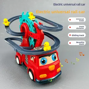 New children's fun electric universal track construction vehicle, duck climbing stairs ferris wheel fire truck toy, multi-play toy car, Avoid obstacles, children's gift, holiday gift (batteries not included, requires three AA batteries)