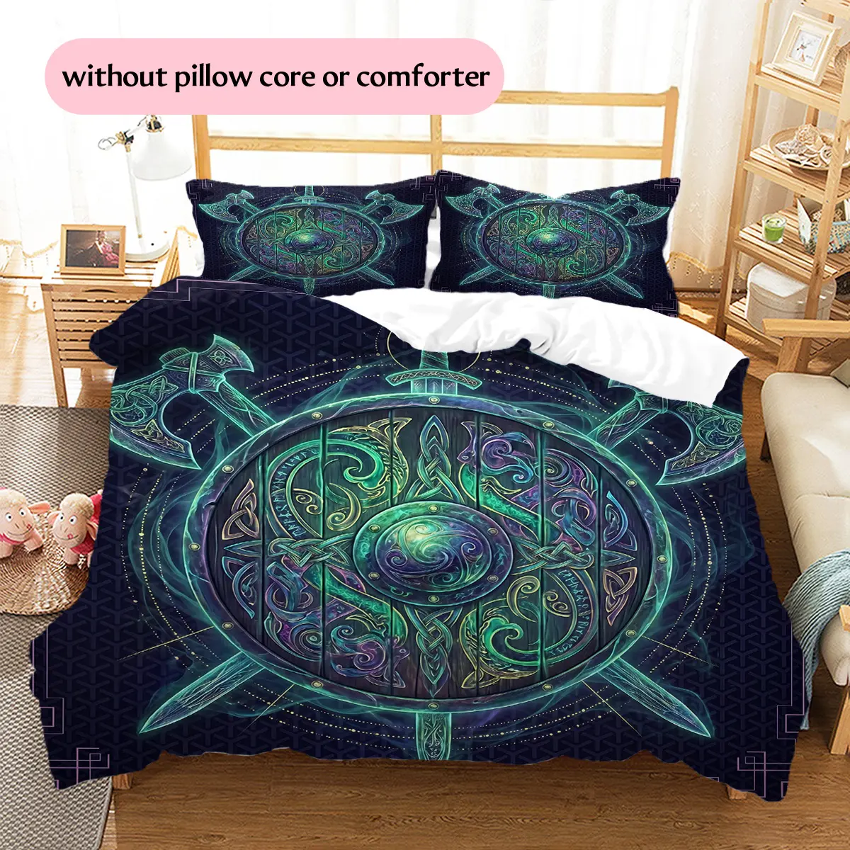 Colorful Viking Shield and Axe  Printed bedding set, duvet cover and pillowcases, home decor, Christmas decoration, bedroom duvet cover, Christmas gift, birthday gift (1 * duvet cover + 2 *