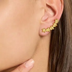 Gold Tone Stainless Steel Floral Crawler Earrings for Women, Multi Flower Climber Ear Cuff Studs, Vintage Dainty Ear Wrap Jewelry, Elegant Accessory for Daily Wear, Wedding Party & Casual Outfit Styling