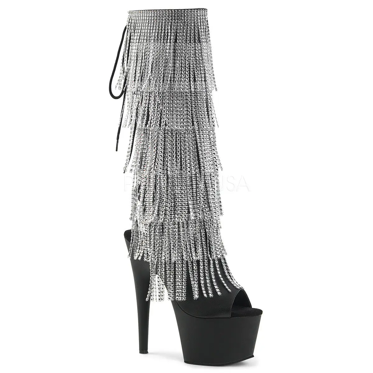 Women's Glamorous Heels, 7" Peep Toe Platform Booties with Rhinestone Fringe, Faux Leather Lace-Up Statement Shoes for Dancers, Footwear, Zip, Synthetic