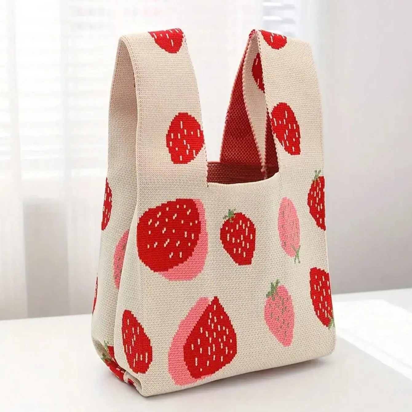 Strawberry Pattern Knitted Handbag, Elegant Crochet Bag, Women's Woven Shoulder Bag, Large Capacity, Fashionable Casual Handbag