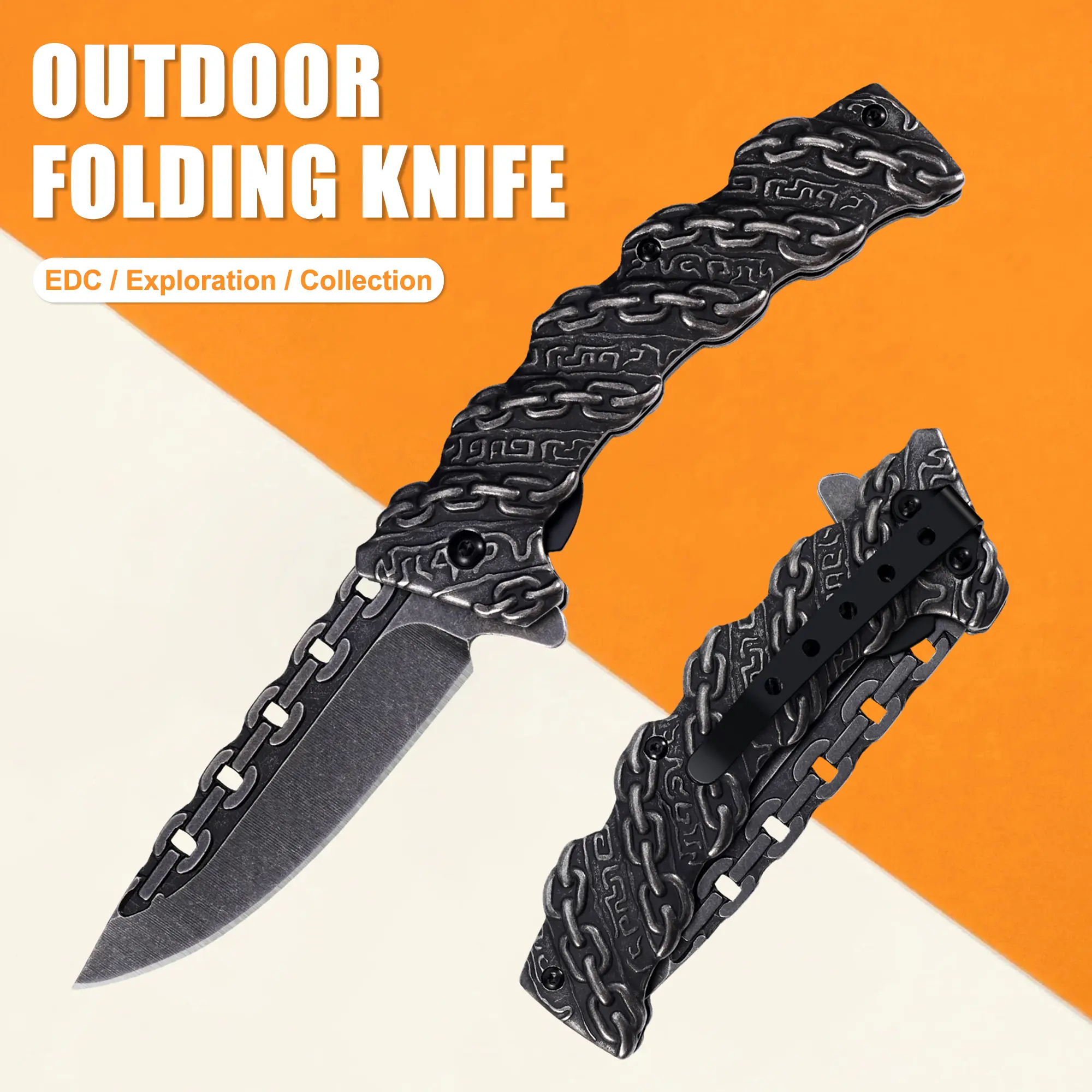 EDC folding pocket knife, fully stainless steel multifunctional tool knife with safety lock and belt clip, portable outdoor tool suitable for hiking, camping, fishing, and climbing