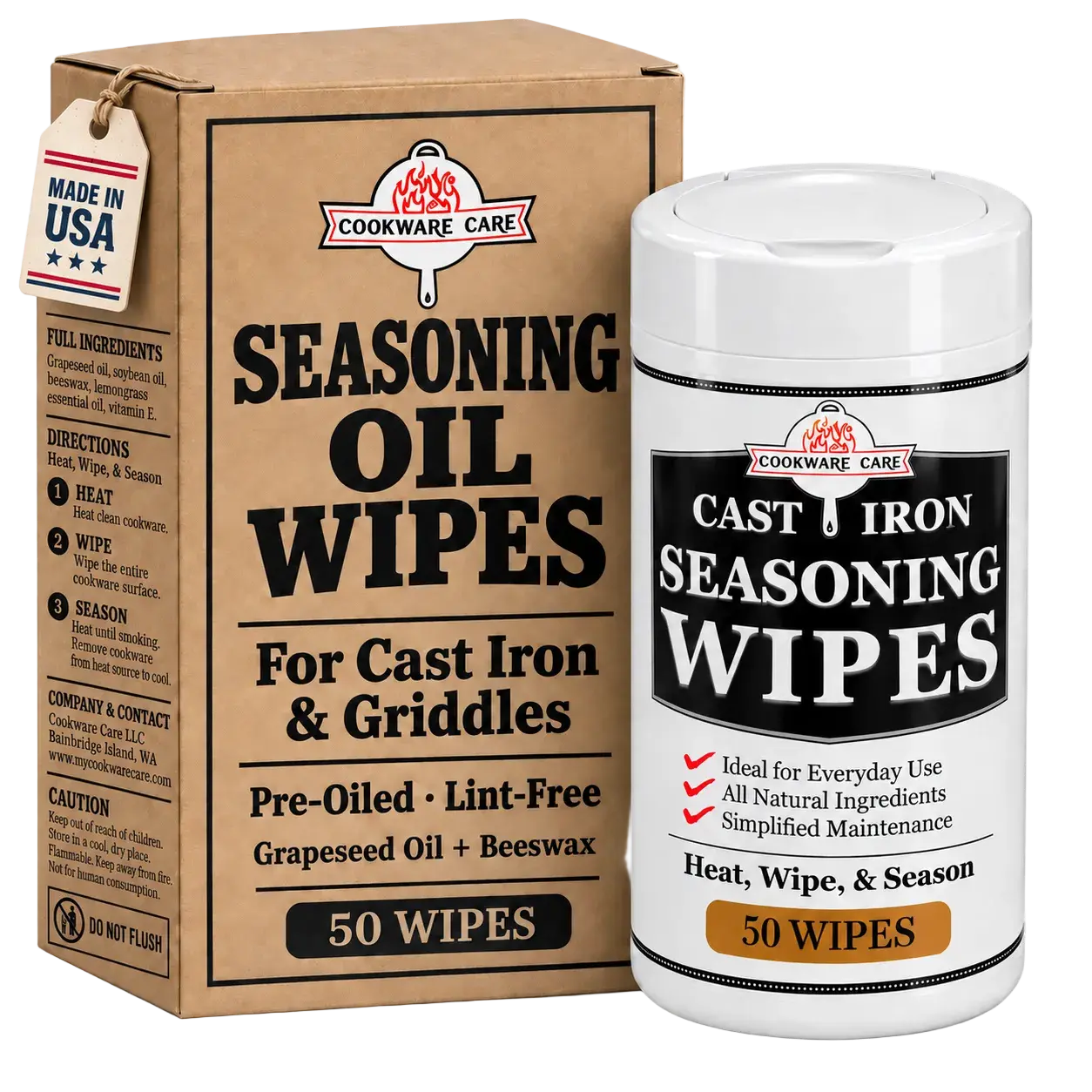 Cast Iron Care Pre-Soaked Wipes - 50 Wipes (Pack of 1), 100% Lemongrass Essential Oil Fragrance, Grapeseed Oil, 0-Plastic Disposable, Portable, Made in USA, Father's Day Gift, 12-Month Shelf Life, Skillet Rust Prevention, Grill Cleaning