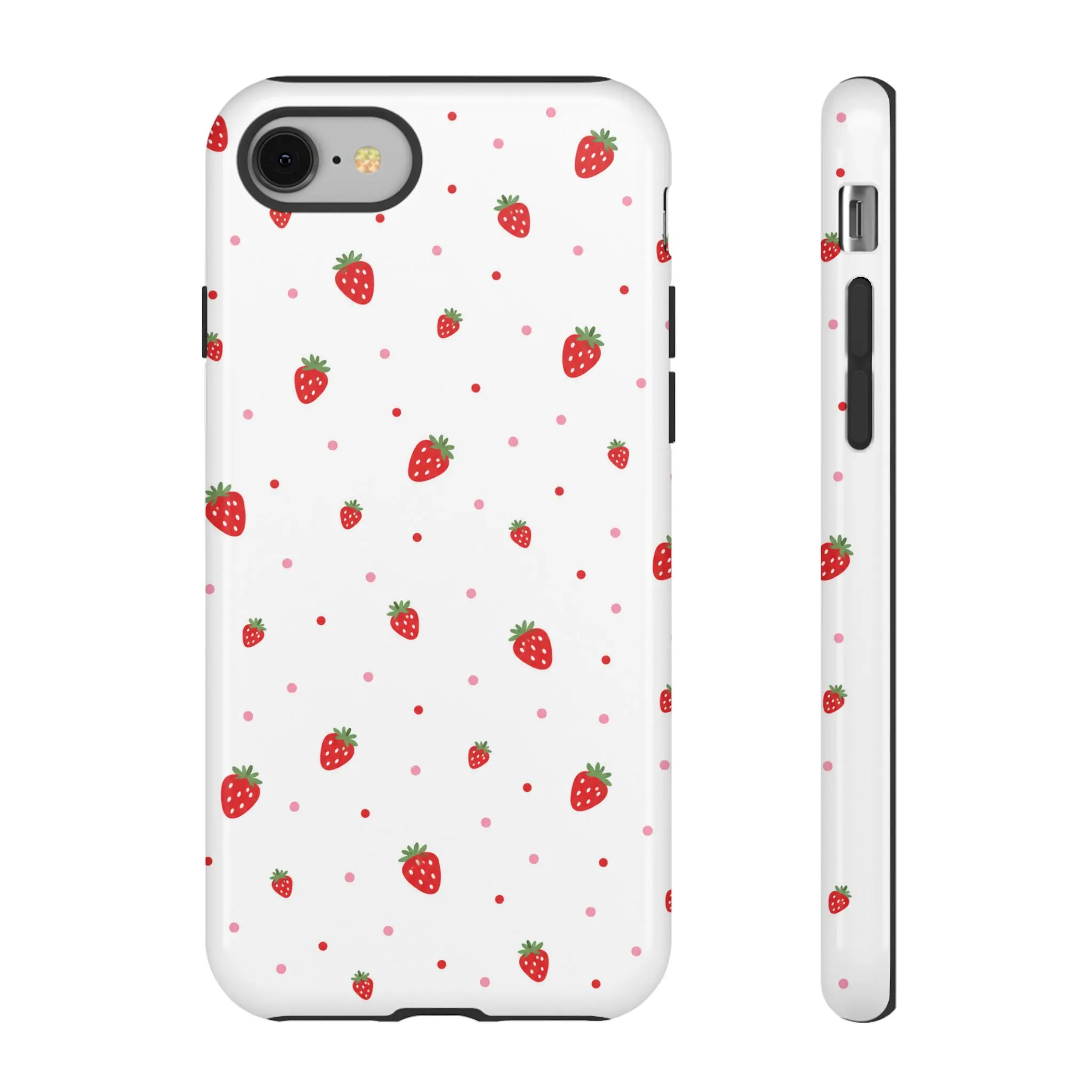 3D Glossy Strawberry Fruit Pattern Dual-Layer Silicone-Polycarbonate Wireless Charging Phone Case - Full Wrap Print Protection Shell, Shockproof Mobile Phone Accessory