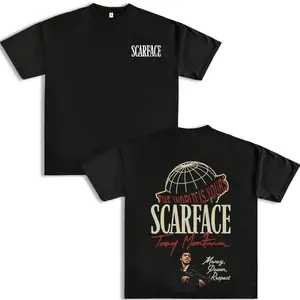 Scarface Two Sides Graphic Tee - The World is Yours Design with Tony Montana Iconic Image, Perfect for Movie Fans and Streetwear Enthusiasts graphic tee men gifts Men's Breathable Crew Neck T-Shirt Oversized Cotton Anime Golden Skull