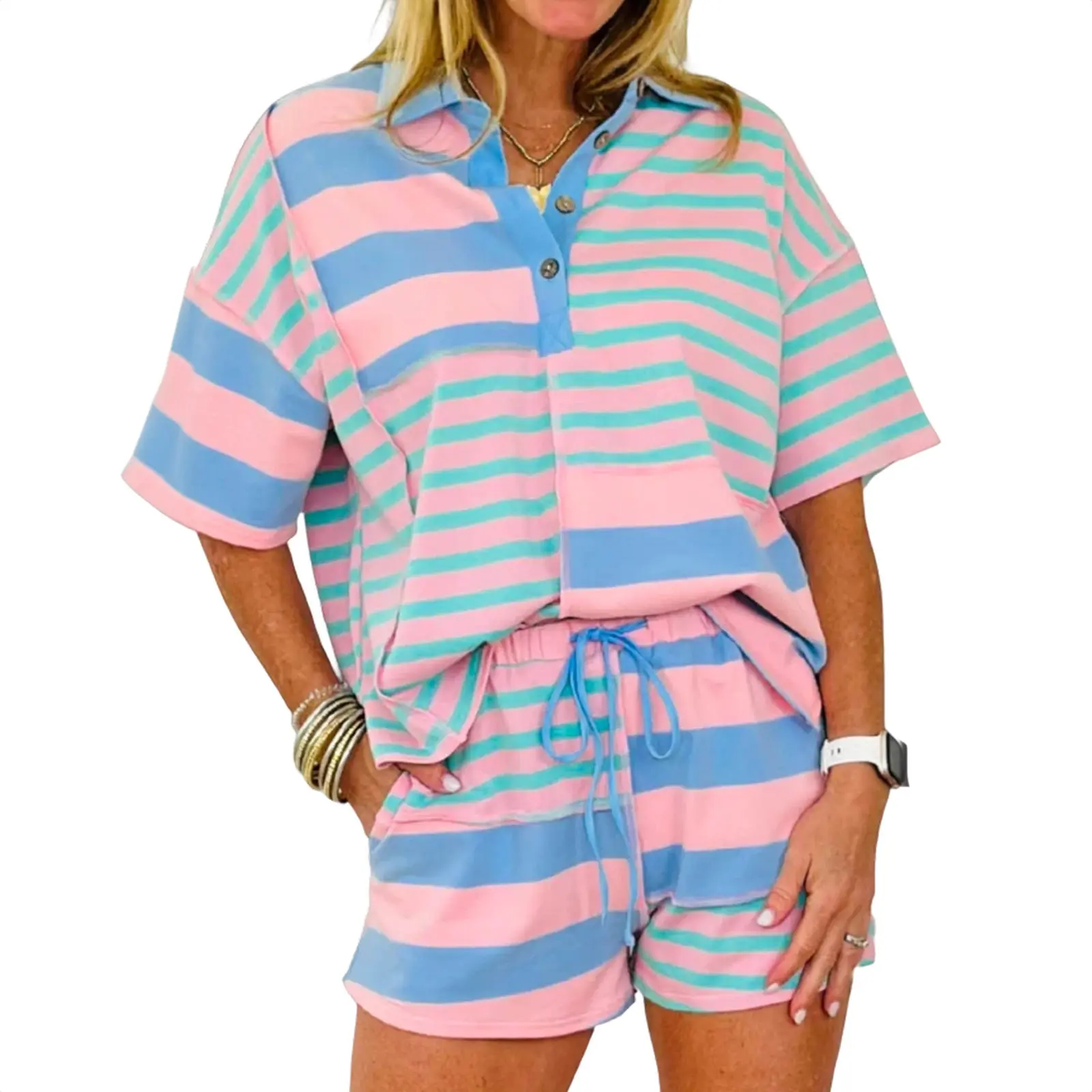 Asvivid Women Striped Color Block 2 Piece Loungewear Set-Exposed Seam Oversized Polo Top Drawstring Shorts With Pockets Casual Summer Outfits sohochic