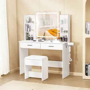 [Valentine's Day gift]LHBCRAFT 42.5“W Modern Makeup Vanity Desk with LED Light Mirror and Charging Station, suitable for gift, Vanity Set, 3 Light Modes for make up and skin care