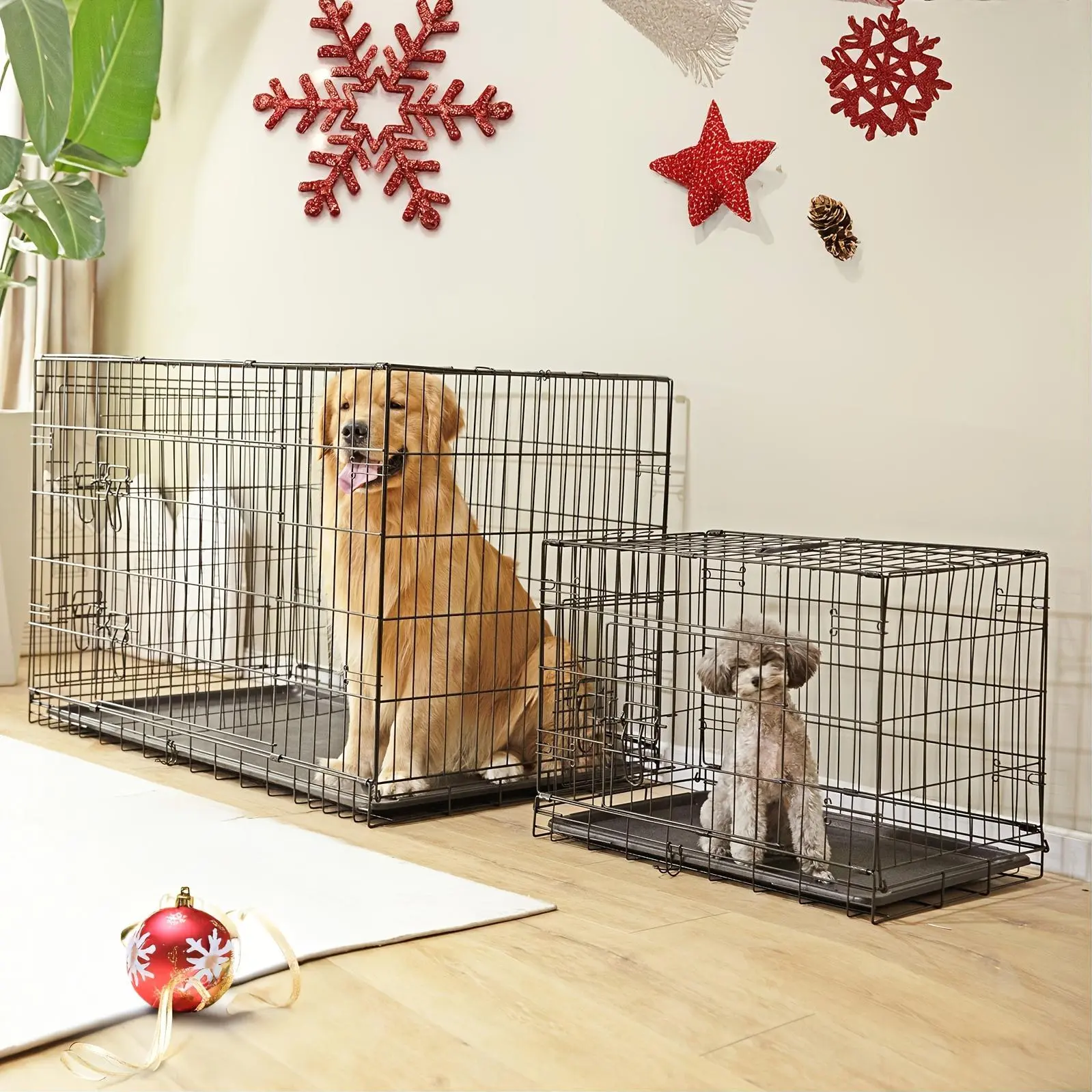 ANTONIA Folding Metal Wire Dog Crate - Double Door with Divider Panel, Plastic Leak-Proof Pan Tray, Indoor & Outdoor Pet Kennel for Travel