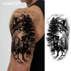 Waterproof Temporary Tattoo Sticker Dark Style Forest Moon Wolf Realistic Animals Body Art Arm Fake Tattoos Sleeve For Women Men Aldult Shoulder Waist Abdomen Back Leg Thigh Ankle Aesthetic Tattoo Merch