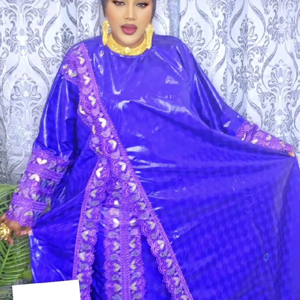 Bazin Grand Bubu Dress with Skirt 3pcs Sets Color Purple Includes Skirt and Head Wrap for Women