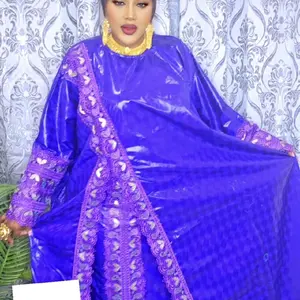 Bazin Grand Bubu Dress with Skirt 3pcs Sets Color Purple Includes Skirt and Head Wrap for Women