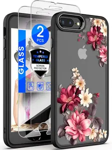 Phone Case for iPhone 8 Plus Case, iPhone 7 Plus & 6 Plus Case,Military Grade Drop Tested Hard Back & Soft Edge Slim Flower Women Girls Phone Protective Cover with 2X Screen Protector (Black)
