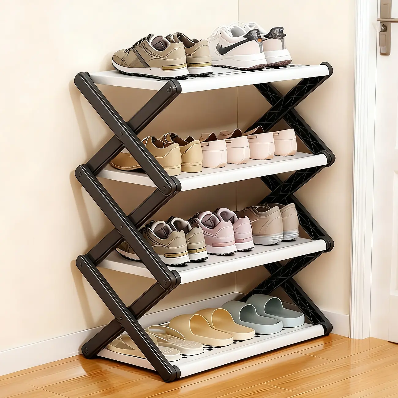 Joybos 3 / 4-tier foldable shoe rack, a small shoe rack for the entryway, with a checkerboard design, sturdy plastic construction, no assembly required, saves space, and quickly stores shoes. Suitable for closets, living rooms, and front entrances. campin