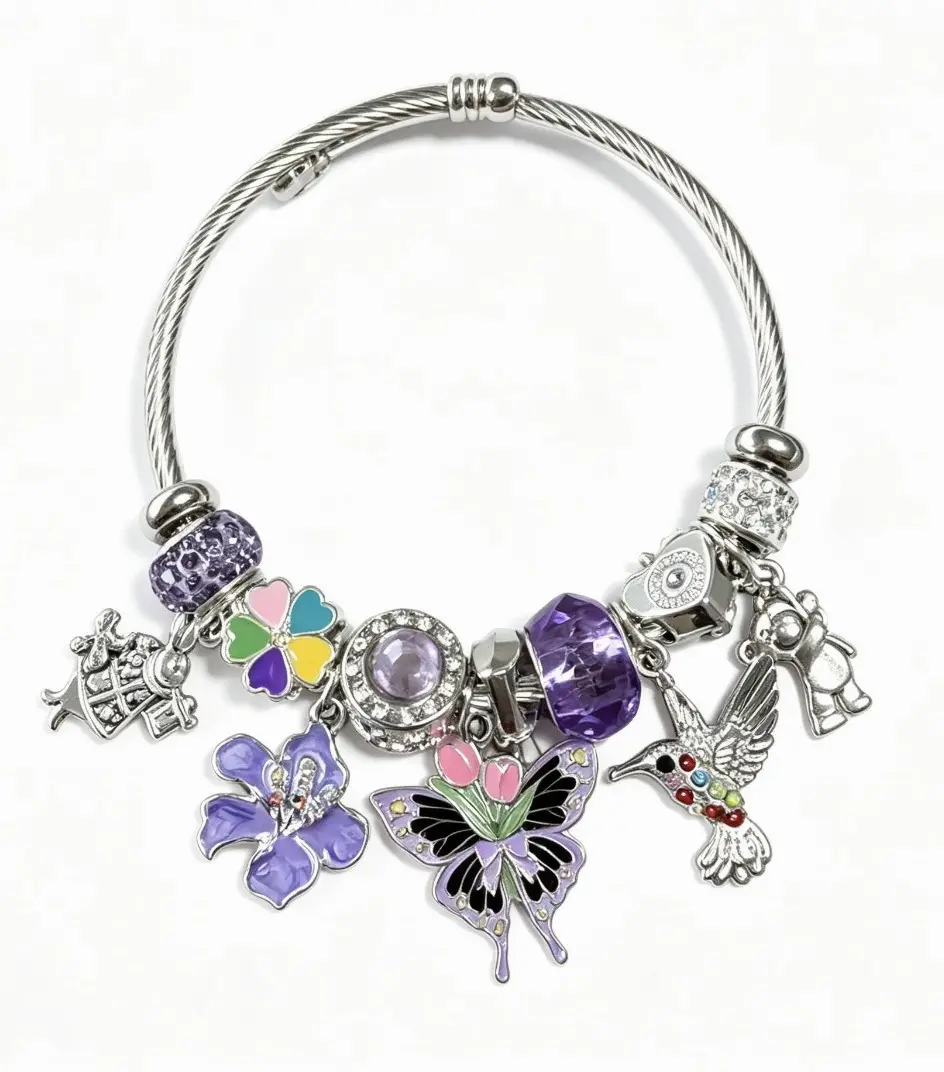 Sweet Iris Tulip Butterfly Charm Bracelet, Color Clover Crystal Bead Stainless Steel Open Bangle Gift for Women Pretty Bracelet Bracelets Jewelry