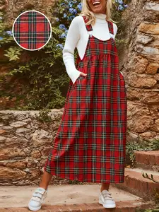 Women's Plus Size New Adjustable Belted Print Plaid Casual Overall Dress, Stylish Loose Fit Design, Perfect for Daily Wear & Comfortable, Womenswear