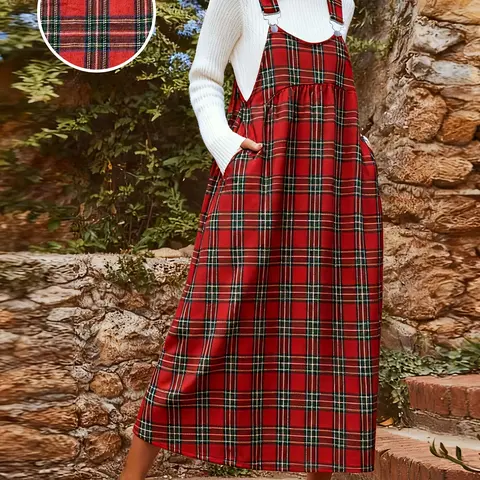 Women's Plus Size New Adjustable Strap Belted Print Plaid Fabric Casual Overall Dress, Stylish Loose Fit Design, Perfect for Daily & Everyday Wear & Comfortable