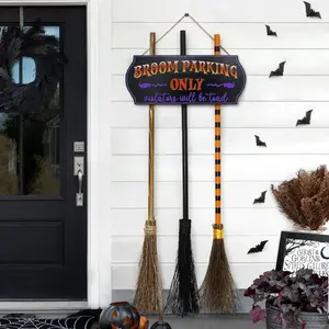 CHIC & PLAIN Halloween Decorations - Halloween Decor - Broom Parking Sign with 3 Wooden Witches Brooms - Cute Hocus Pocus Front Porch Wall Decor for Indoor Outdoor Home Office Party Decoration