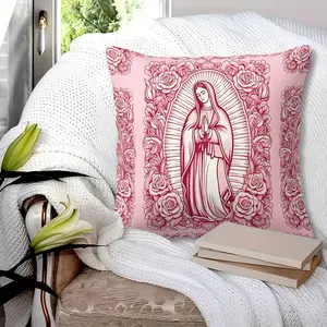Our Lady of Guadalupe Throw Pillow with Insert, Virgin Mary & Pink Roses Sketch Print Cushion, Religious Decorative Pillow for Living Room, Bedroom, Church, Catholic Home Decor, 45cm Square Zipper Closure, Spiritual Gift Choice