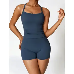 Two-piece Set Women's Solid Backless Cami Top & High Waist Shorts Tracksuit Set, Sleeveless Spaghetti Strap Crop Top & Skinny Shorts, Ladies Sportswear for Indoor Outdoor Wear, Gym Wear