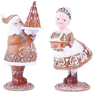 PLL 2 Pack Gingerbread Christmas Decor, Resin Mr. and Mrs. Santa Collectible Figurines, Vintage Couple Statue Table Decor for Indoor Outdoor Home, Xmas Gift