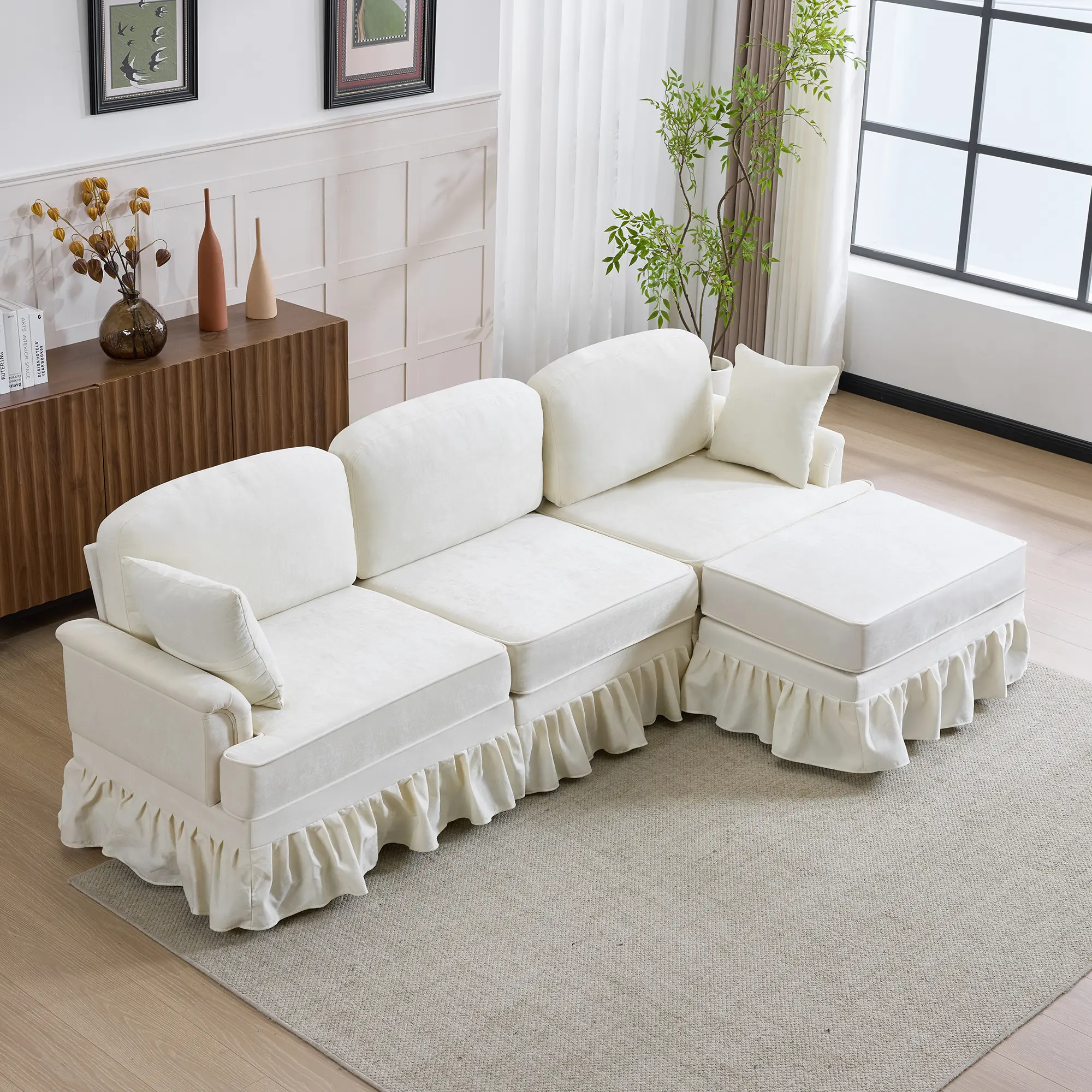 103.15" Modern L-Shaped Sectional Sofa - 4-Seat Configurable Detachable Dual-Function Durable Ergonomic Chenille Cloud Couch with Removable Ruffled Skirt, Flared Arms & Ottoman for Living Room, Bedroom, Configurable Sofa Sets, Detachable Sofa Sets