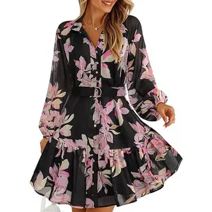 ZESICA Womens Floral Long Sleeve Mini Dress Spring Button Chiffon A Line Swing Short Wedding Guest Holiday Party Dresses