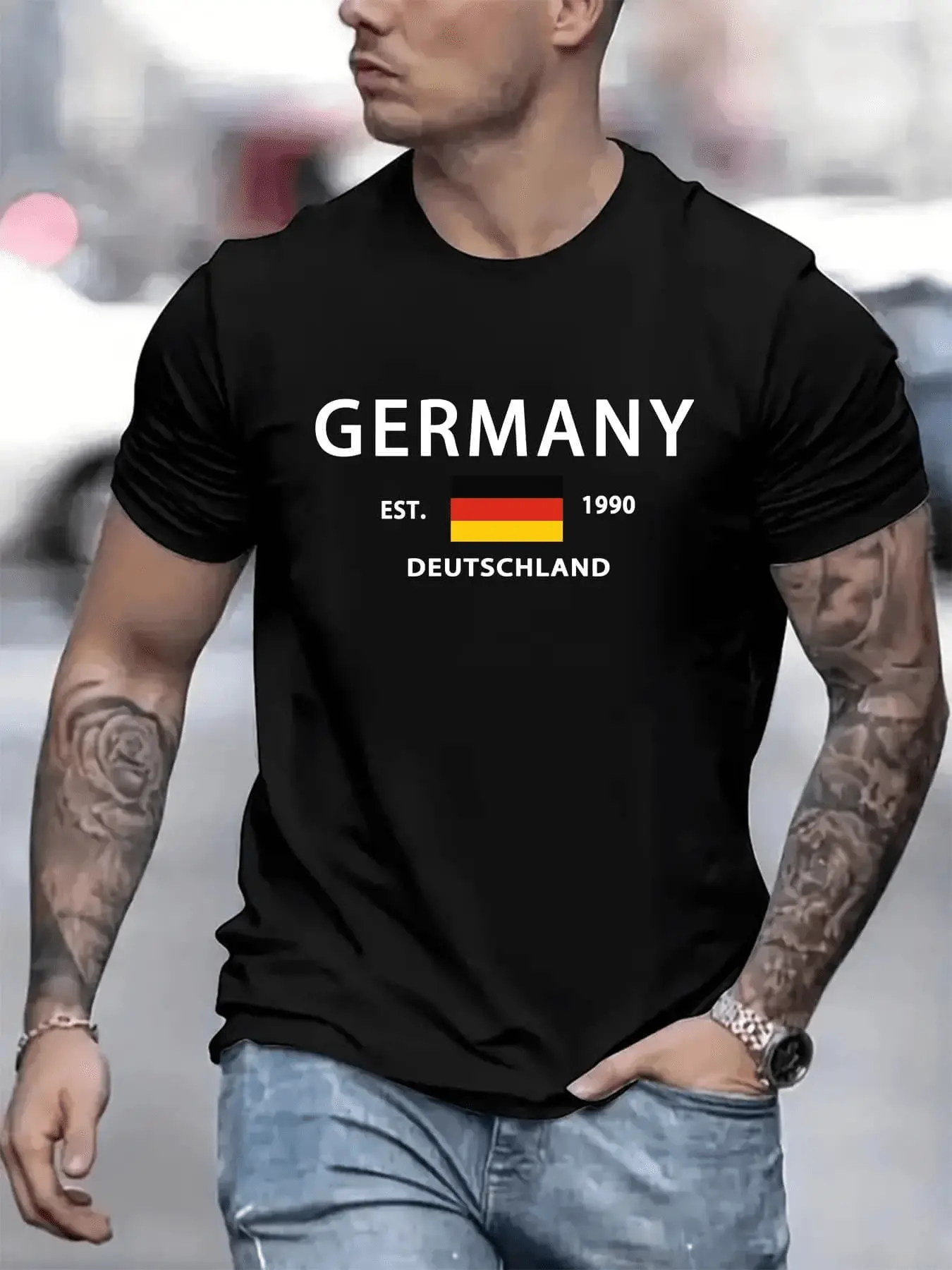 Men's Germany Flag  Est 1990 Graphic T Shirt Black unisex soft cotton short sleeve t shirt, vintage graphic casual tee for men women teens, perfect birthday holiday gift for camping travel gym daily street  wear