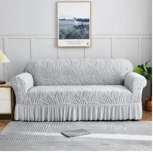 Gray Zebra Striped Ruffle Bottom Sofa Slipcover | All-Stretch Wrinkle-Resistant Universal Couch Cover with Frilled Skirt Hem for Standard Sofa