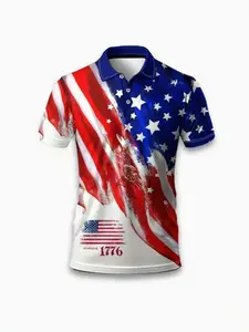 Men's Summer Fashion Casual Short Sleeve Knitted Polo Shirt, American Flag Print Design, Fitted Style for All Seasons Wear