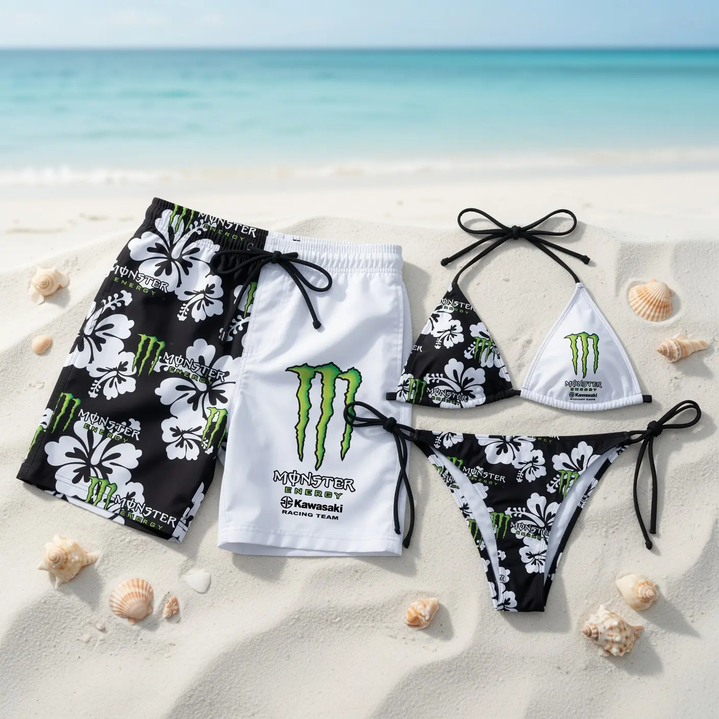 M0nster Energy K@wasaki Matching Couple Swimwear Set, Racing Logo String Bikini and Hawaiian Shorts, Black White Beach Vacation Outfit, Summer Gift