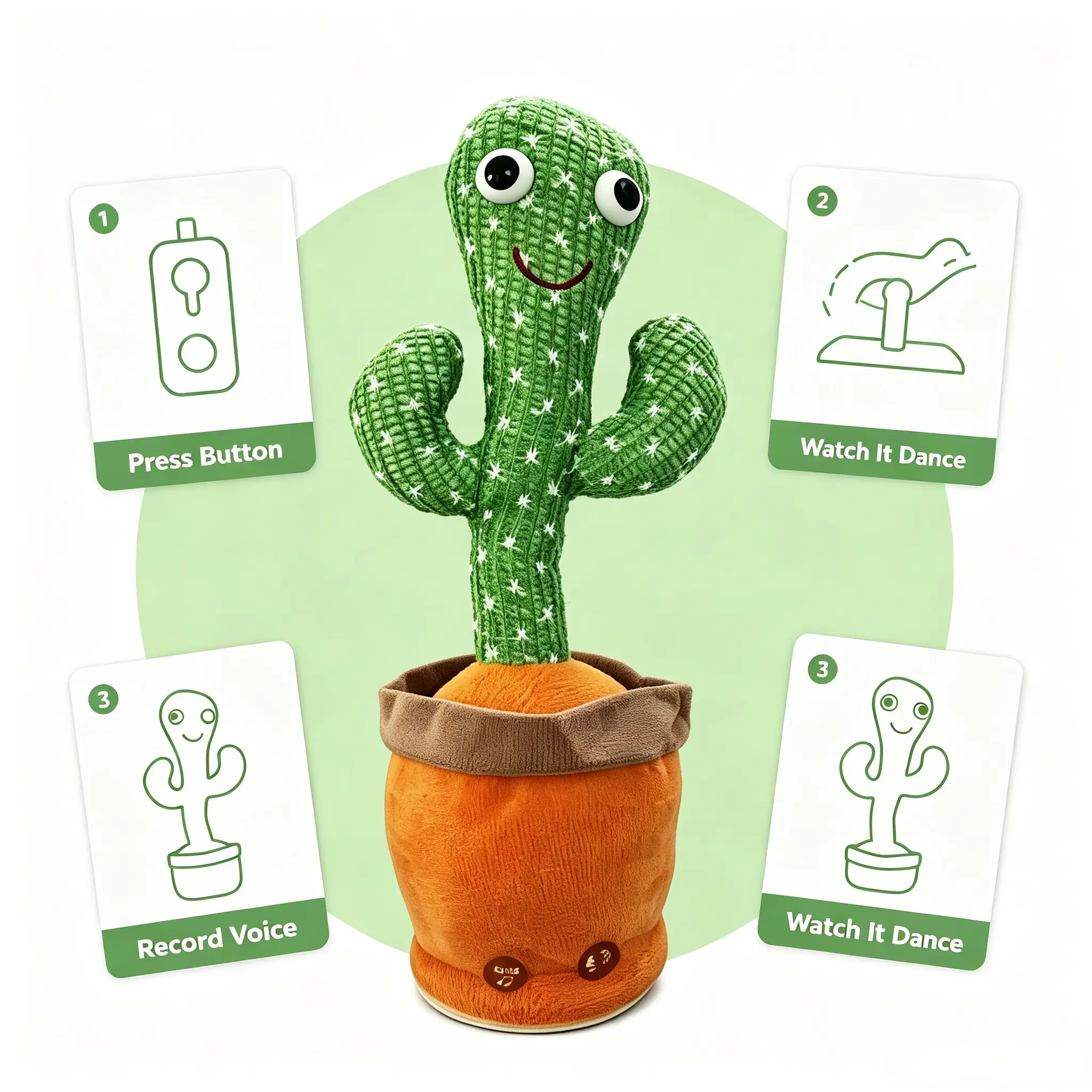 Interactive Sensory Dancing Cactus Toy - Soft Corduroy Unisex Baby Plush with Talks & Sings, Flashing Lights, Recording, Voice Repeat, Dopamine Viral Early Stimulation, Audio for 6 Months, 12-18 Months, 0-3 Years Toddlers to Play