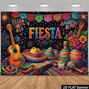 2D Flat Banner Polyester Photography Backdrop, HD Digitally Printed Soft Lightweight Foldable Background Cloth with Colorful Fiesta Theme, featuring Guitars, Sombreros, Maracas, and Chili Peppers Design for Birthday Party Celebrat