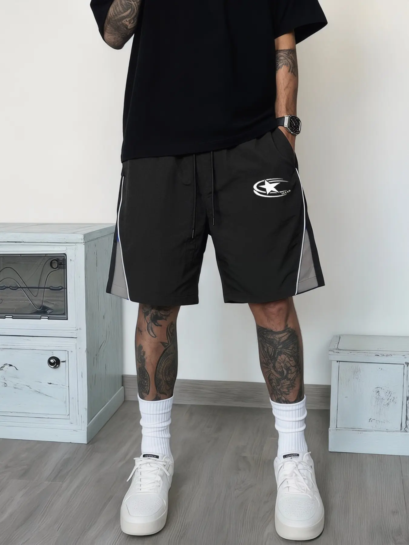 Men's Sporty Casual Shorts, Casual Athletic Shorts, High Street Style, 100% Polyester Lightweight Fabric, Unique Print, Side Color Block, Elastic Drawstring Waist, Loose Fit, Ideal for Basketball, Fitness, Daily Use