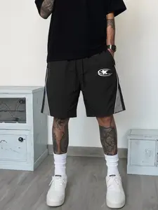 Men's Sporty Casual Shorts, High Street Style, 100% Polyester Lightweight Fabric, Unique Print, Side Color Block, Elastic Drawstring Waist, Loose Fit, Ideal for Basketball, Fitness, Daily Use, Athleisure Shorts