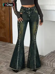 Women's New Vintage Denim Jeans Faux Fur Trim Patchwork Trendy Flare Jeans, Cute Style All Season Fashion Long Pants