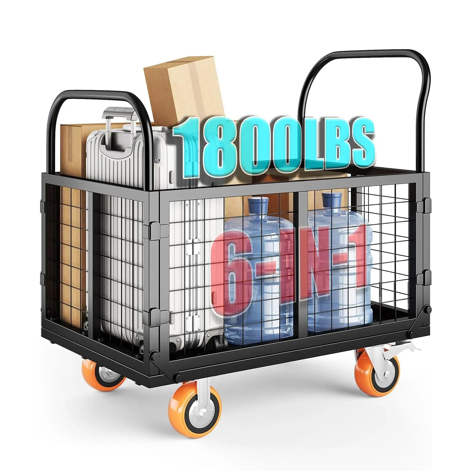 Platform Truck Cart with Cage,6-in-1 Multi-Purpose Flatbed Cart,Foldable Hand Truck Load 1800 LBS,4 Wheels Push Cart,for Grocery,Laundry,Garage,Black