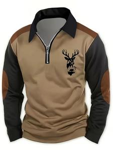 Men's Retro Deer Pattern Golf Shirt - Long Sleeve, Half Zipper Neck, Two tone Black/Brown, Polyester Fabric, Machine Washable, Suitable for Autumn/Winter Leisure Activities, Elderly or Ramadan Gifts, Outdoor Clothing, Medium Stretch Fabric
